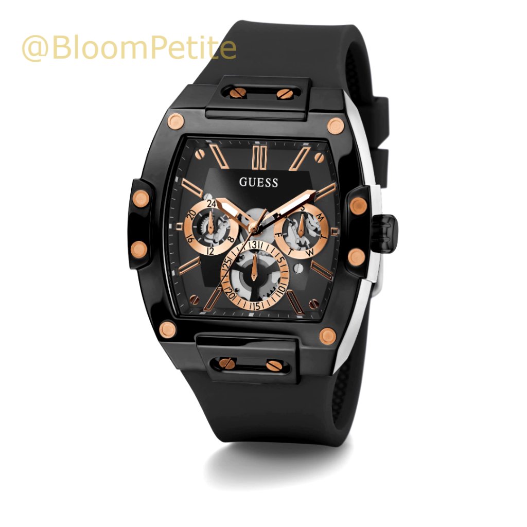Gold Tone Crystal Watch With Black Silicone Strap, 43mm Case